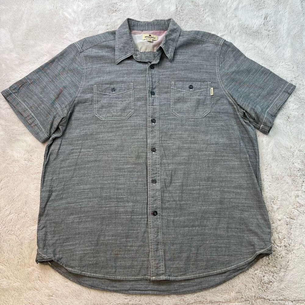 Woolrich Shirt Mens XL Button Up Pockets Textured Chambray Grey Short Sleeve